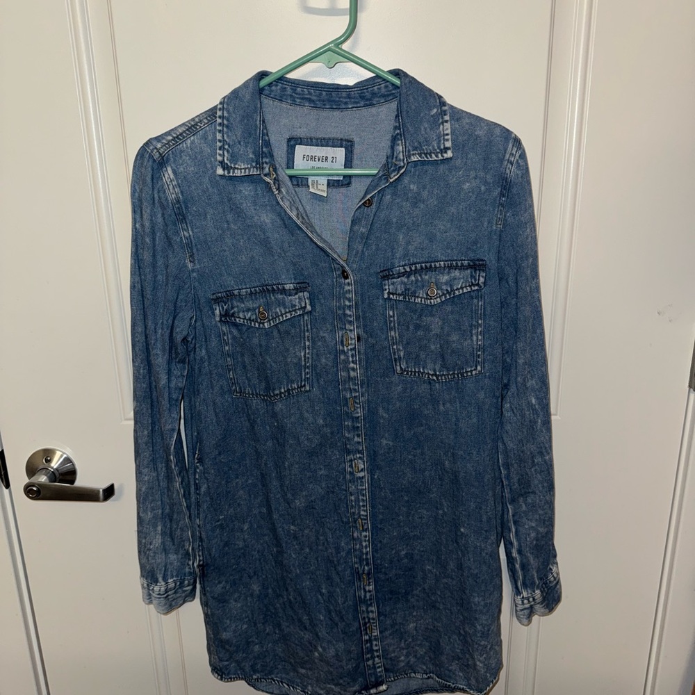 Forever 21 Distressed Denim Shirt Dress - Blue